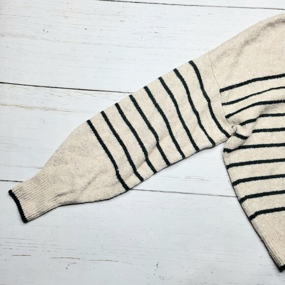 Madewell Wedged V Neck Sweater Luxury Forest Stripe Beige Green Cotton Medium - Picture 7 of 9